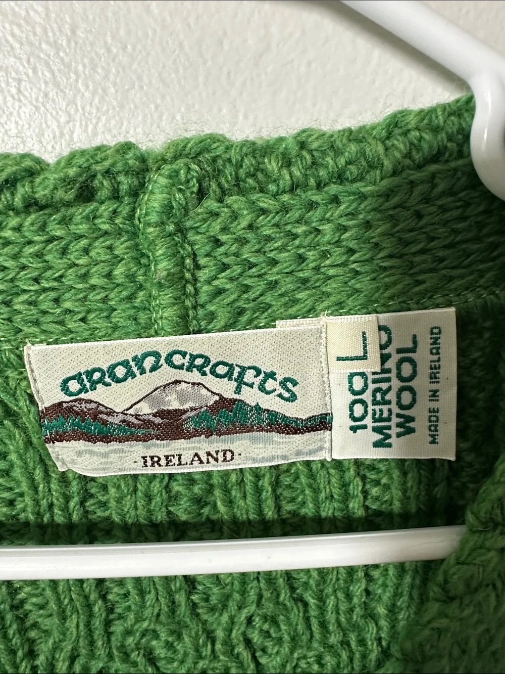 Aran Crafts Ireland Green 100% Wool Cable-Knit Cardigan Sweater Size Large